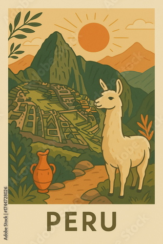 Vintage style travel illustration of Peru featuring iconic architecture, cozy streets and warm retro tones, detailed scenic composition perfect for tourism, wall art, posters, postcards