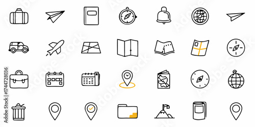 Essential travel icons for your next adventure, with luggage, maps, compasses, and transportation, perfect for travel blogs, guides and tourism materials
