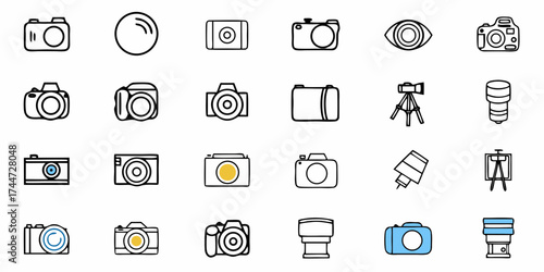 Capture the Moment with Versatile Photography Icons, Perfect for Blogs, Websites, and Creative Projects, Showcasing Cameras, Lenses, and Equipment in Outline Style