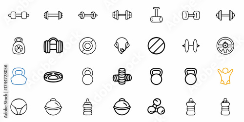 Fitness Icons Ready for Your Project, Gym Equipment Symbols Collection, Sporting Goods Elements, Weights, Kettlebells, Nutrition Bottle for Health Enthusiasts