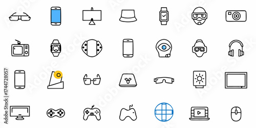 Modern Gadget Icons Set for Tech Designs, Featuring Smartphones, Smartwatches, Gaming Controllers, and More for a Tech-Savvy and Connected Lifestyle