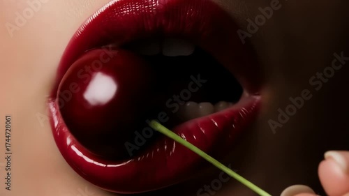 Close Up View of Woman's Mouth with Red Lips Holding a Cherry Stem with the Fruit Inside Isolated on Dark Background with Glossy Shine