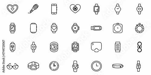 Doodle style fitness trackers and smart watches for health monitoring and modern lifestyle, a collection of wearable technology icons for design projects