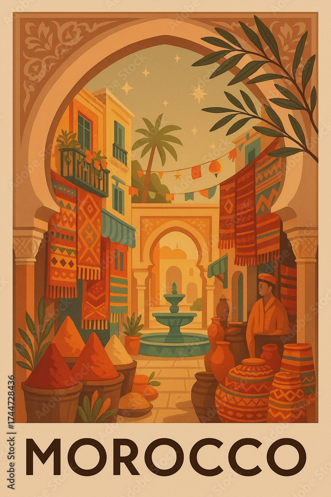 Fototapeta premium Vintage style travel illustration of Morocco featuring iconic architecture, cozy streets and warm retro tones, detailed scenic composition perfect for tourism, wall art, posters, postcards