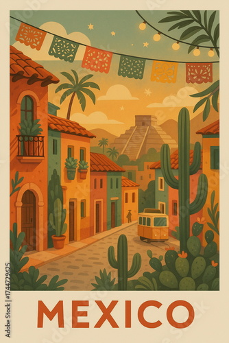 Vintage style travel illustration of Mexico  featuring iconic architecture, cozy streets and warm retro tones, detailed scenic composition perfect for tourism, wall art, posters, postcards