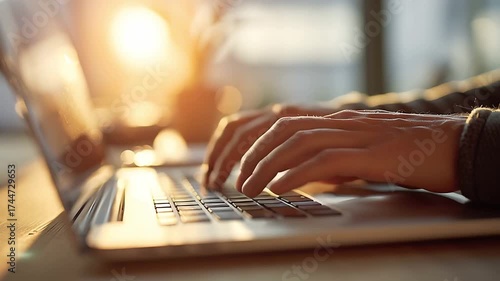 Typing on laptop keyboard for work from home productivity and online business
