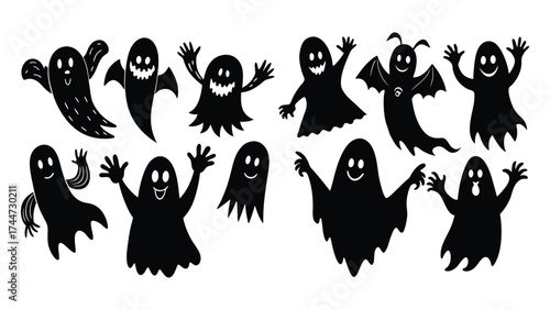 Untitled-2 Cute and spooky ghost silhouettes with waving arms, floating, and hiding poses