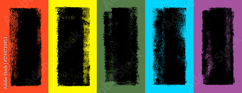 Linocut roller paint. Black ink linocut print. Text frame rough texture. Lino cut rectangle on color rainbow background. Printmaking letterpress stamp bg. Paint handmade vector shape. Ink roller print