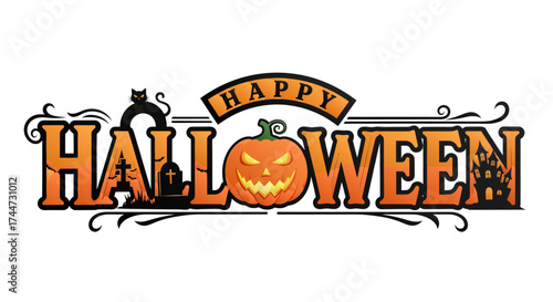 Happy Halloween vector banner with pumpkin and cat