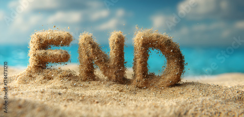 Dramatic sand sculpture spells 'END' on a sunny beach, suggesting finality, conclusion or the beauty of impermanence by the sea