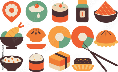 Vibrant asian food vector collection sushi ramen dumplings chopsticks and more