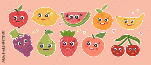 Cute Kawaii Fruits Stickers Set. Hand drawn cartoon fruit characters collection of lemon, cherry, watermelon, apple, strawberry, orange, banana. Flat vector illustration of healthy food