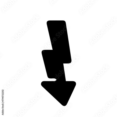 Stylized black lightning bolt arrow icon pointing down, a simple hand-drawn silhouette symbolizing energy, power, and rapid descent isolated on a white background