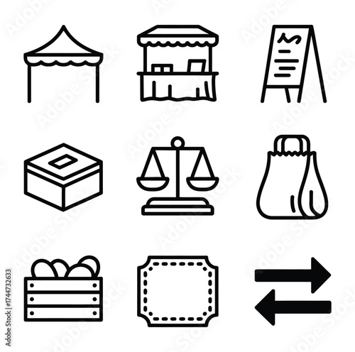 Market stall tent scales box bag crate ticket arrows