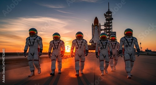 Wallpaper Mural Five astronauts in spacesuits walking towards a space shuttle on a launchpad at sunset. Torontodigital.ca