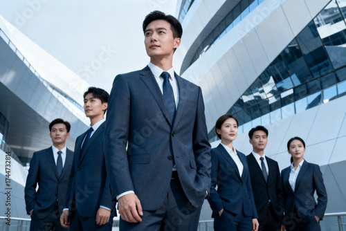 Business team in suits at modern building
