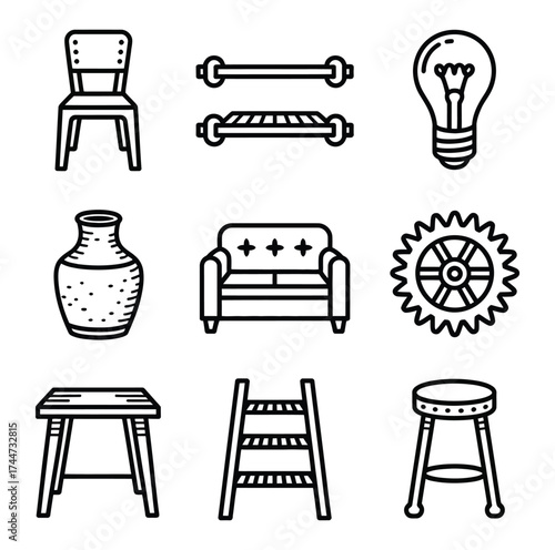 Chair vase lightbulb sofa gear stool ladder table vector