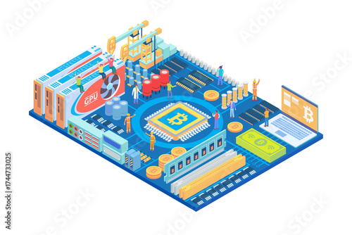 Isometric Motherboard Illustration Featuring Tiny People and Bitcoin Symbols on Transparent Background