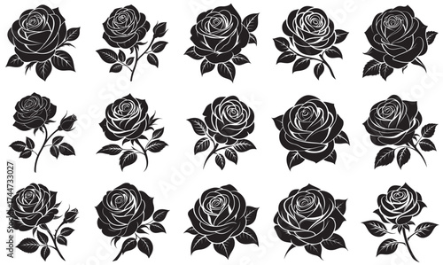 Vintage Black Rose Silhouettes – Botanical Vector Elements