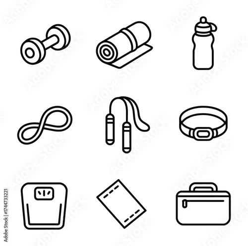 Fitness equipment icons dumbbell yoga mat