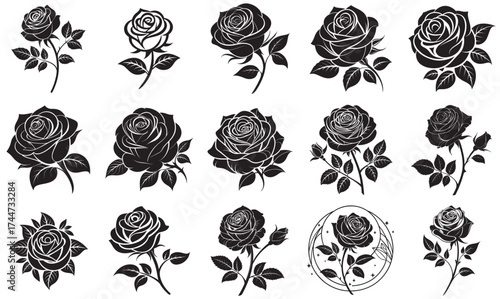 Vintage Black Rose Silhouettes – Botanical Vector Elements