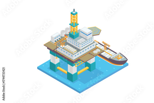 Isometric Pixel Art of Offshore Oil Rig and Tanker Ship on Blue Sea Platform for Resource Extraction on Transparent Background