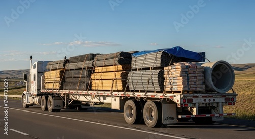 Wallpaper Mural A large truck transporting a load of metal pipes and a concrete pipe on a two-lane highway with a clear blue sky in the background. Torontodigital.ca