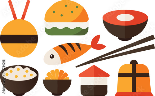 Asian food vector collection diverse sushi ramen dumplings and chopsticks illustration