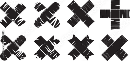 Eight hand drawn black x marks and one plus sign on white background