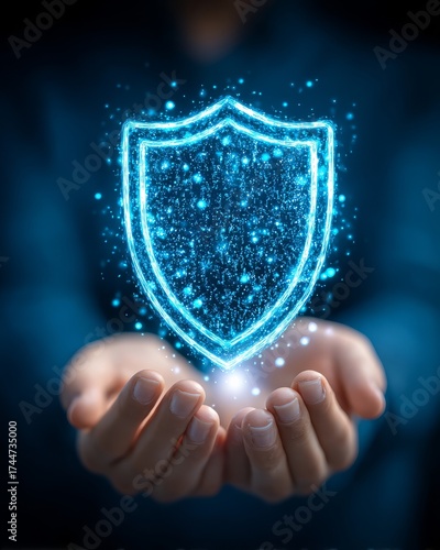 Symbolizing security, a glowing shield represents data protection.