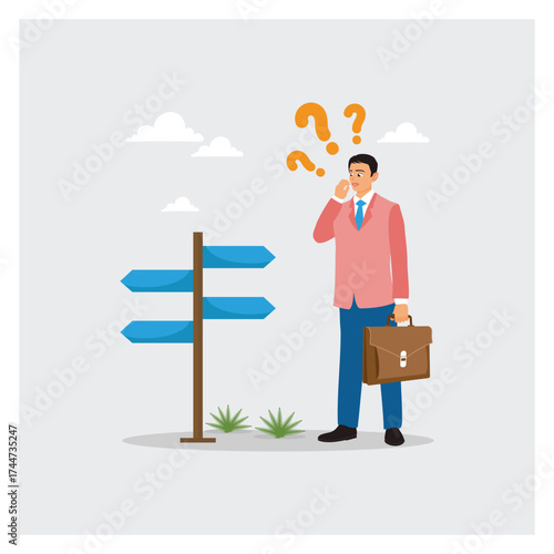 Confused Businessman Choosing Direction with Question Marks and Road Signs.