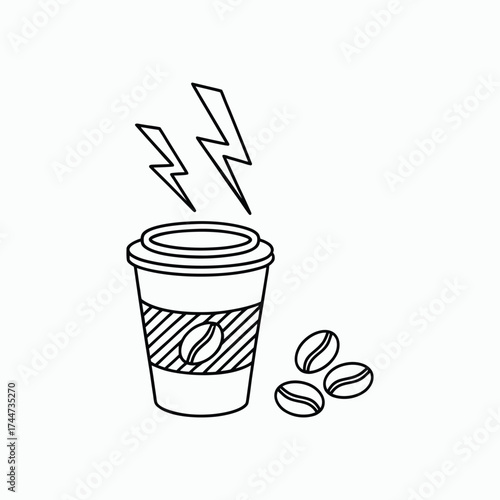 Coffee Cup Beans Energy Lightning Drink Caffeine Outline Design Vector Illustration