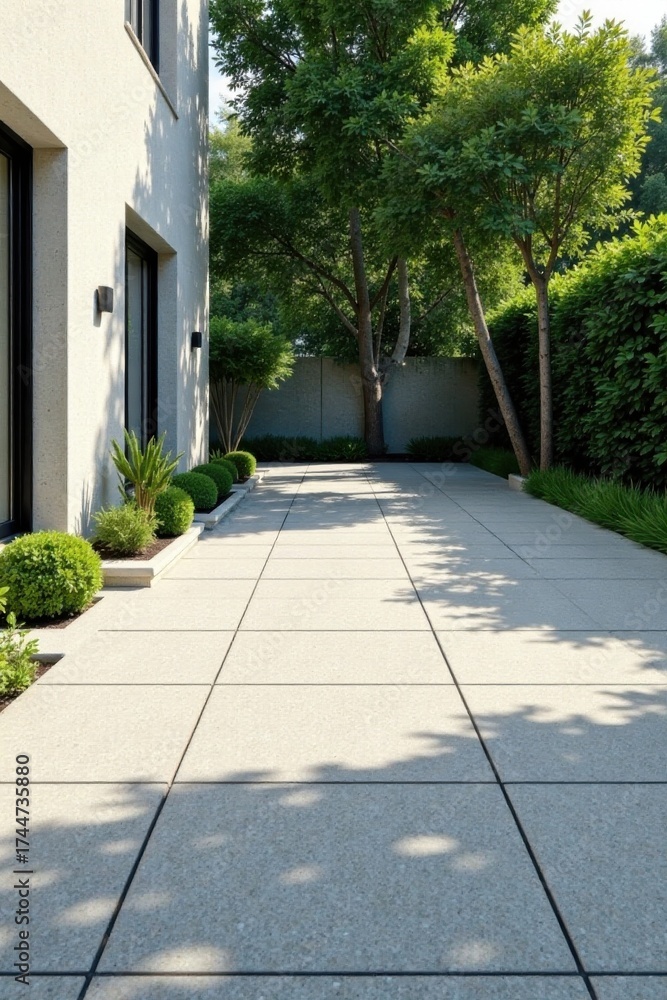 Fototapeta premium Modern home exterior design showcasing a sun-drenched patio with meticulously landscaped greenery and light-colored paving stones