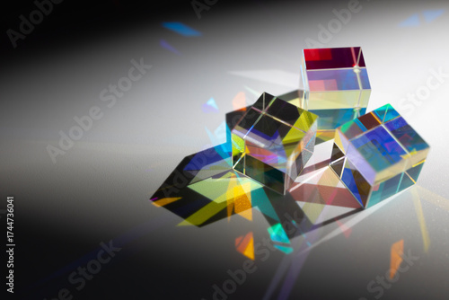Tableau sur toile Geometric figure prisms with light diffraction of spectrum and hard shadow on wh