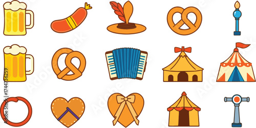 Colorful Festive  Oktoberfest Icon Set with Beer and Traditions