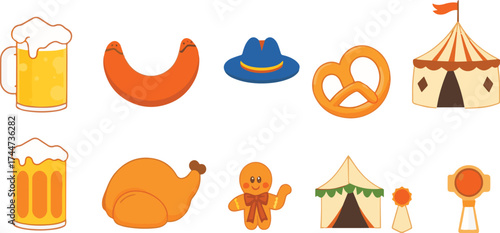 Colorful Festive  Oktoberfest Icon Set with Beer and Traditions