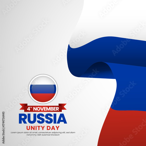 Russia flag for unity day square banner background with realistic flag