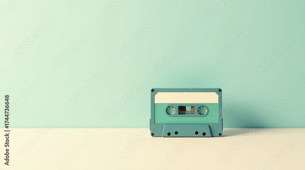 Fototapeta premium Retro Audio Cassette on Pastel Surface A Minimalist Composition Featuring a Vintage Music Recording Medium
