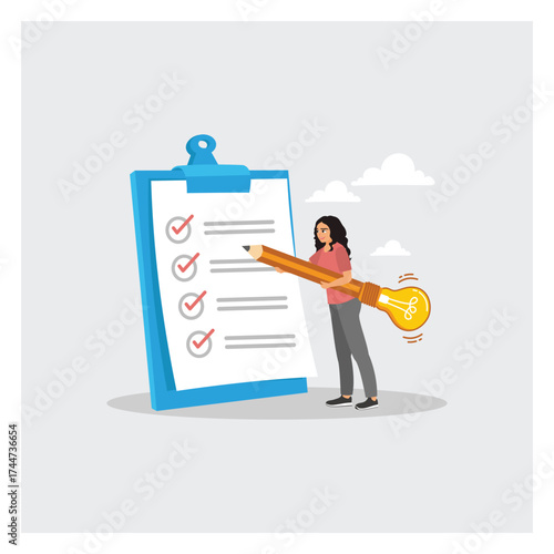 Businesswoman Complete Survey by Checklist Clipboard With a Lightbulb Pencil.