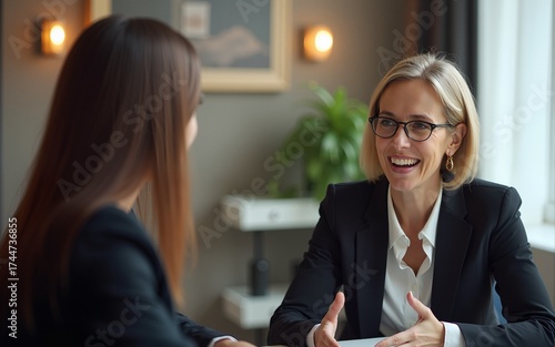 An elegant senior businesswoman, dressed in a dark suit, sitting conversing with a younger woman and leading the discussion, in a softly lit office space with a professional and collaborative ambiance