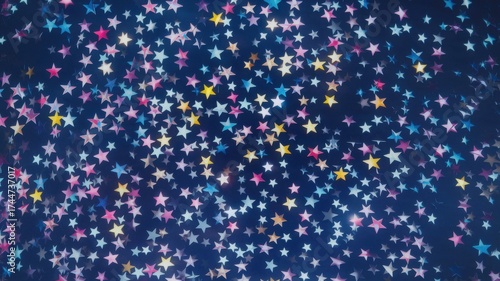 Vibrant confetti stars scatter across a deep blue background creating a festive and celebratory atmosphere perfect for any joyful occasion
