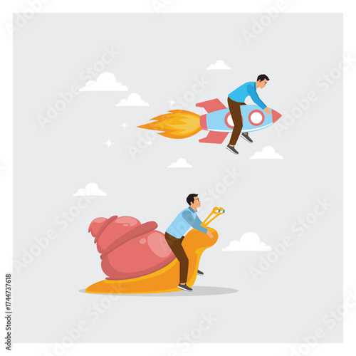 Business Competition, Businessman Winner Riding Rocket, Another on Slow Snail.