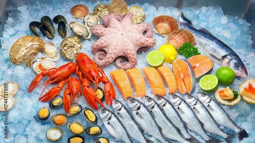 Assorted fresh seafood spread featuring sardines, shrimp, crabs, shellfish, starfish, citrus accent