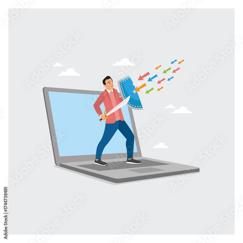 Digital Privacy Concept. Businessman With Shield And Sword on Laptop, Protect Cyber Attacks.