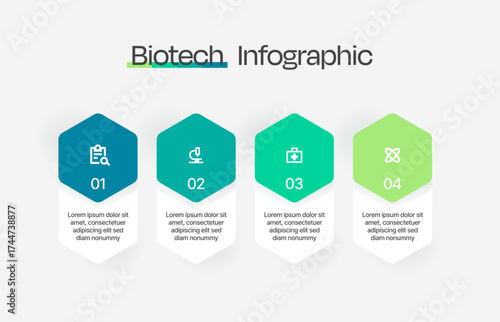 Four steps of biotechnology infographic design template process. Modern, vibrant infographic design.