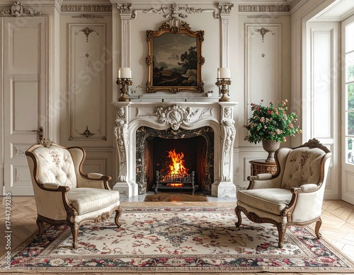 Traditional French Chateau Interior with Marble Fireplace and Vintage Armchairs