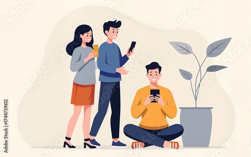 Group of three people with two standing and one sitting using smartphone vector illustration. High quality