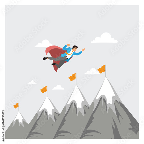 Superhero Businessman Flies Over Mountain Peaks to Reach His Goals.