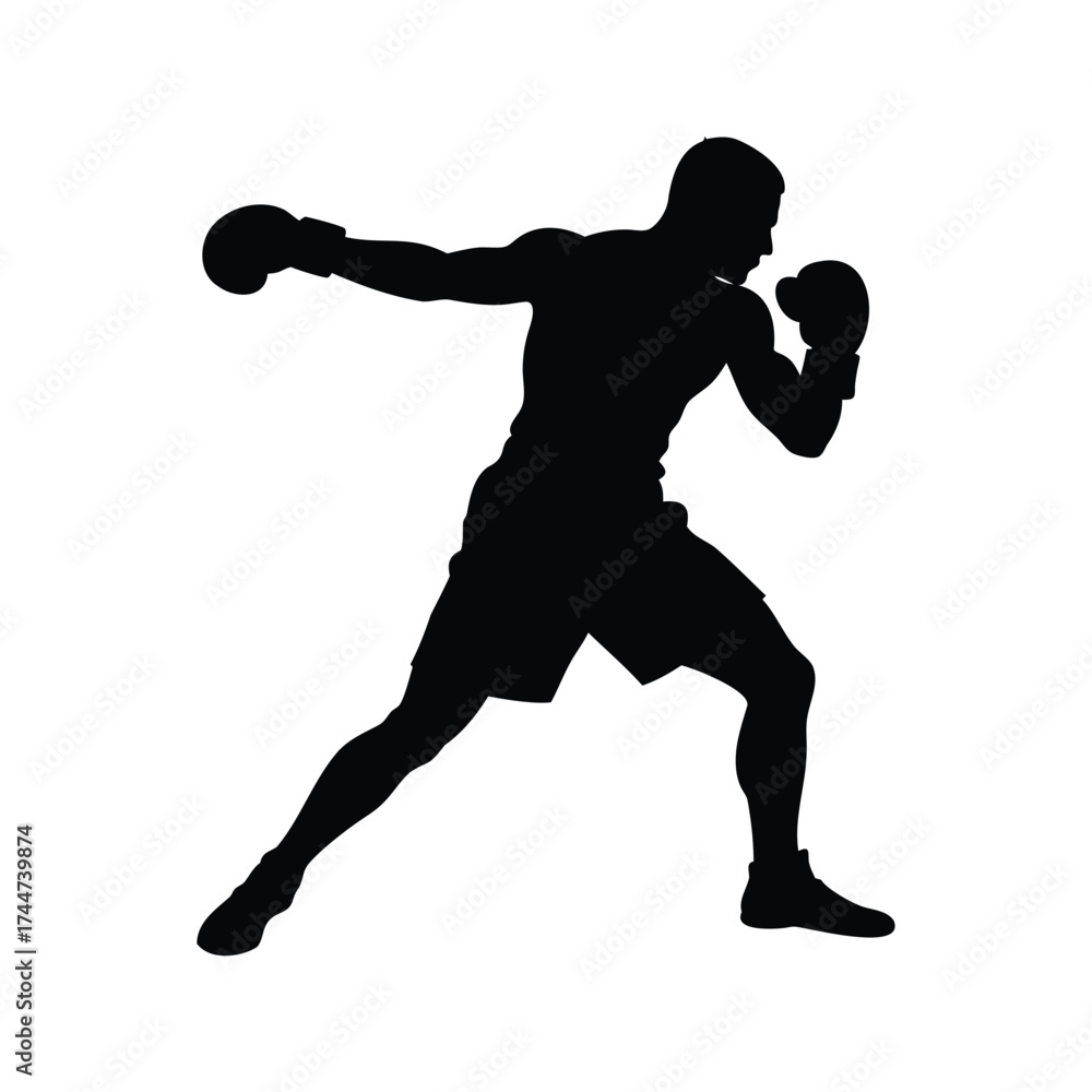 Obraz premium Silhouette of a Focused Boxer Throwing a Jab with Power and Precision, boxer punching silhouette vector illustration