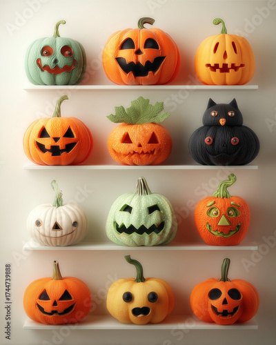 Halloween Pumpkin Collection: A captivating arrangement of whimsical pumpkins with carved faces, perched on a shelf, ready to celebrate the spookiest night.